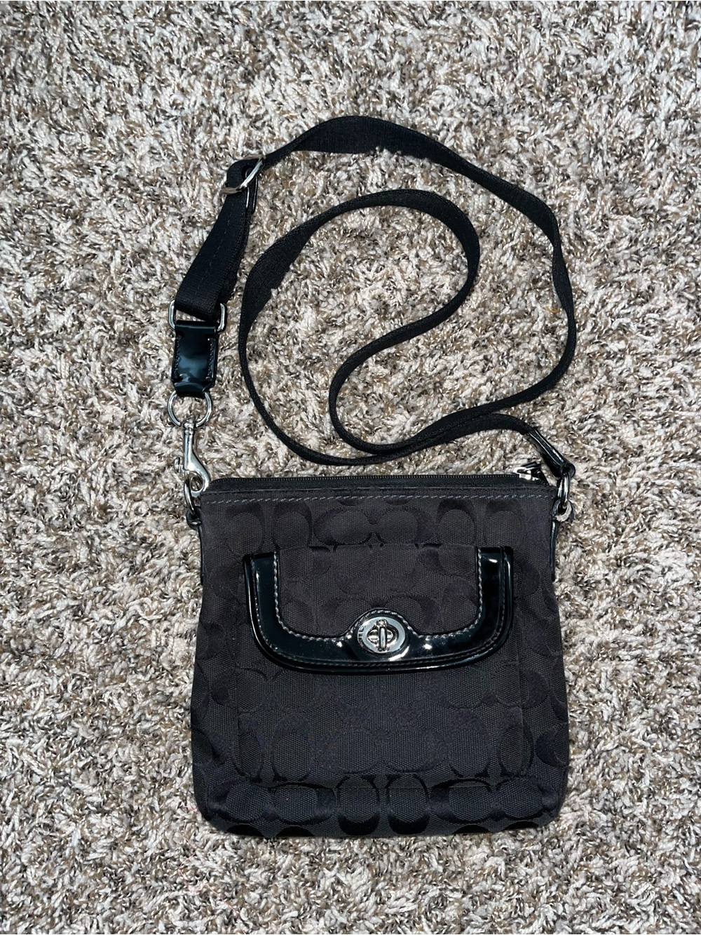 Coach Black Signature Crossbody with Patent Trim and Turnlock